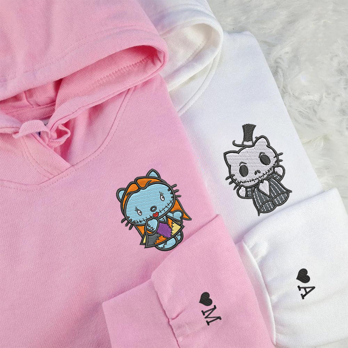 Custom Embroidered Hoodies for Couples, Cute Gothic Cat Duo Hoodie, Matching Couple Outfit