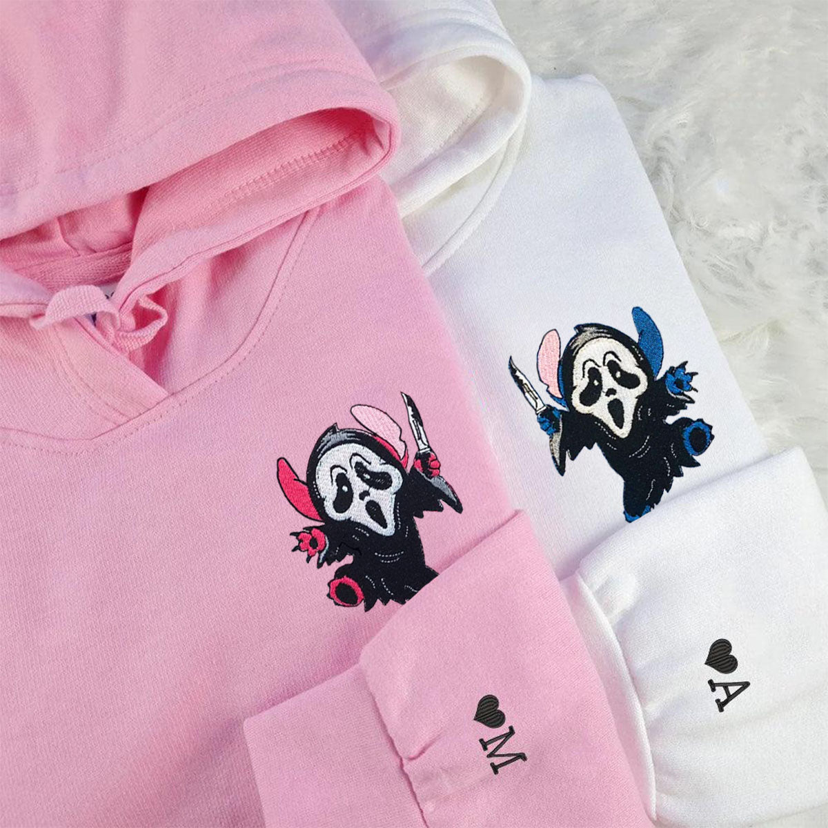 Custom Embroidered Hoodies for Couples, Ghostface Cartoon Halloween Couples Embroidered Hoodie