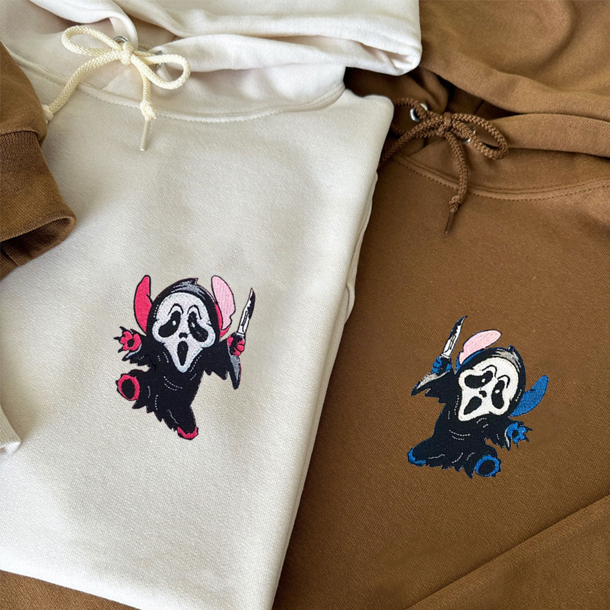 Custom Embroidered Hoodies for Couples, Ghostface Cartoon Halloween Couples Embroidered Hoodie