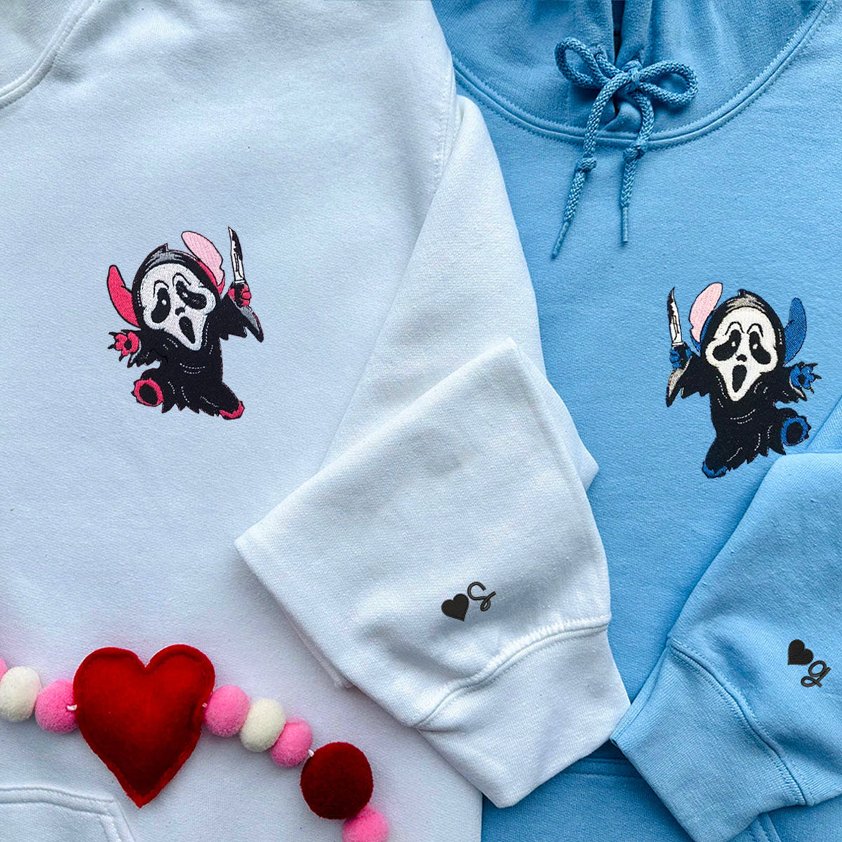 Custom Embroidered Hoodies for Couples, Ghostface Cartoon Halloween Couples Embroidered Hoodie