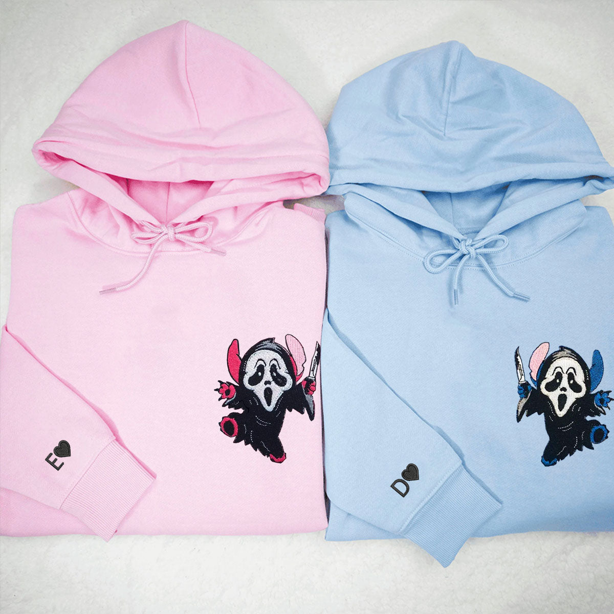 Custom Embroidered Hoodies for Couples, Ghostface Cartoon Halloween Couples Embroidered Hoodie