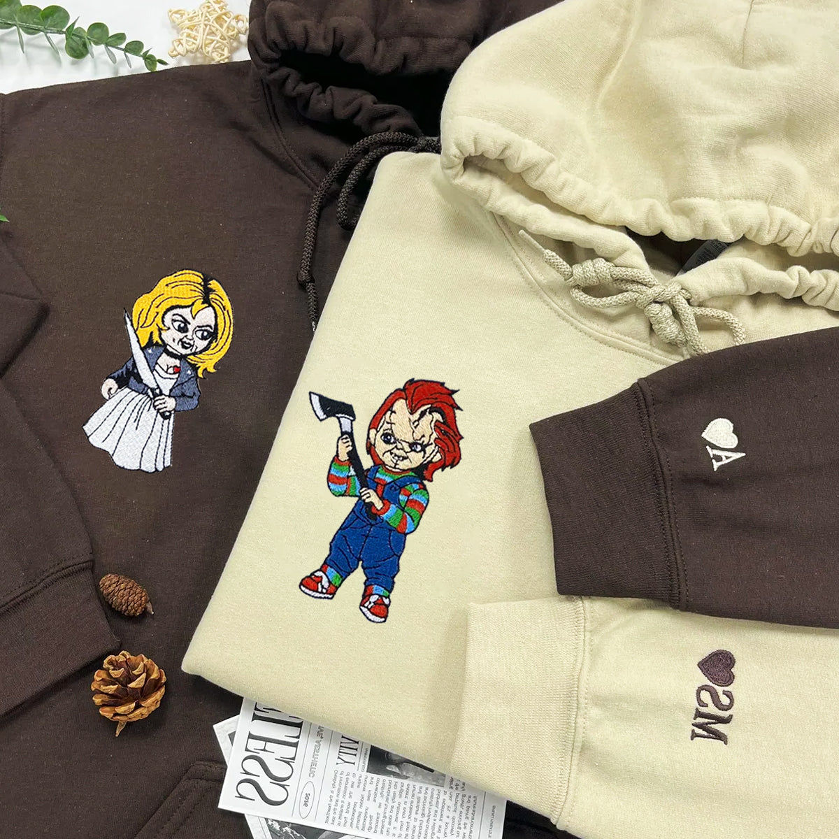 Custom Embroidered Hoodies for Couples, Horror Doll Duo Halloween Hoodie