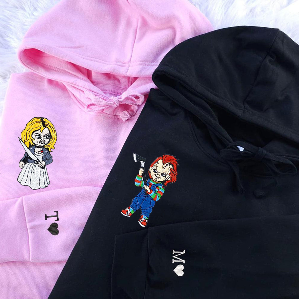 Custom Embroidered Hoodies for Couples, Horror Doll Duo Halloween Hoodie