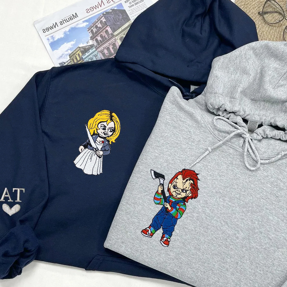 Custom Embroidered Hoodies for Couples, Horror Doll Duo Halloween Hoodie