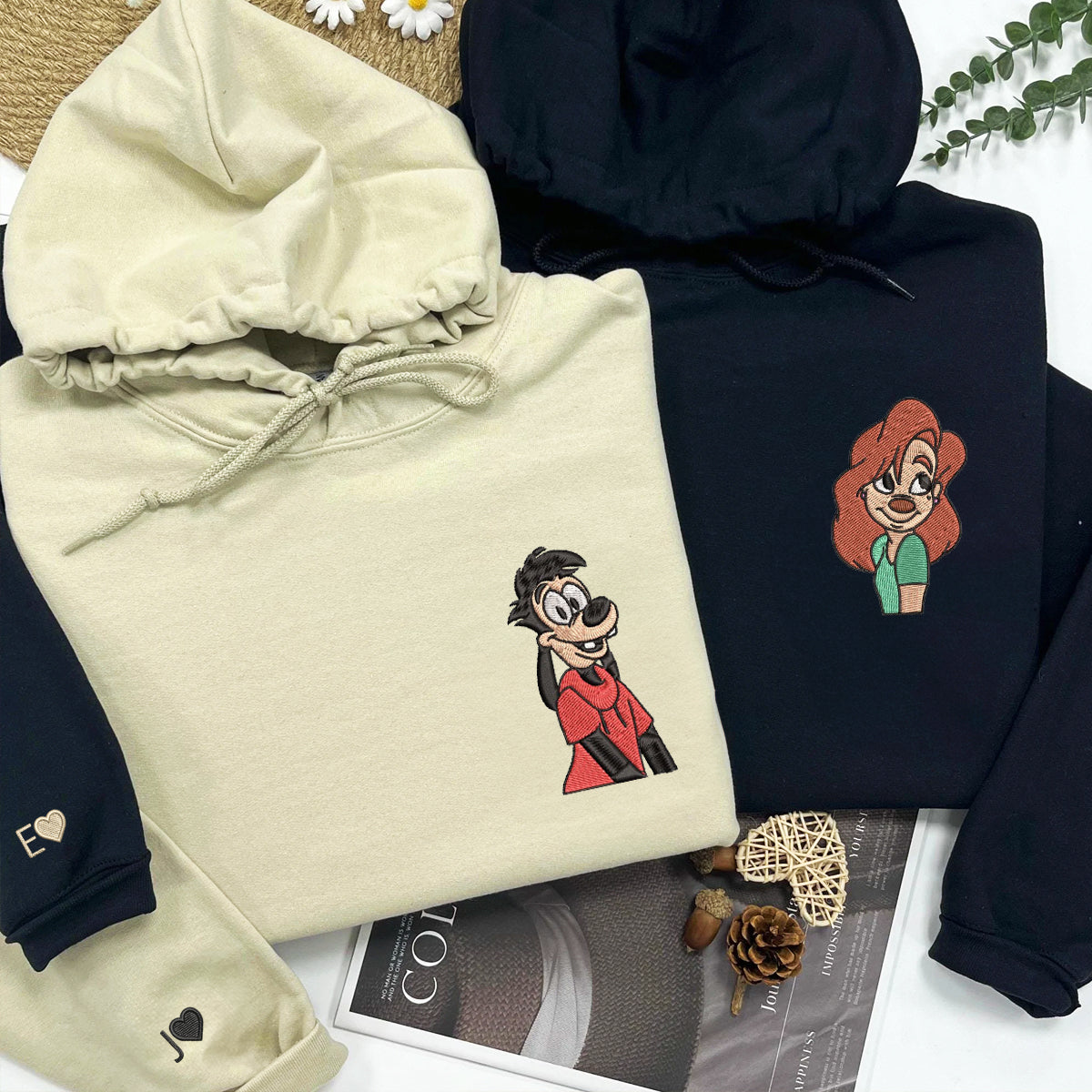 Custom Embroidered Hoodies for Couples, Romantic Cartoon-Inspired Matching Hoodies