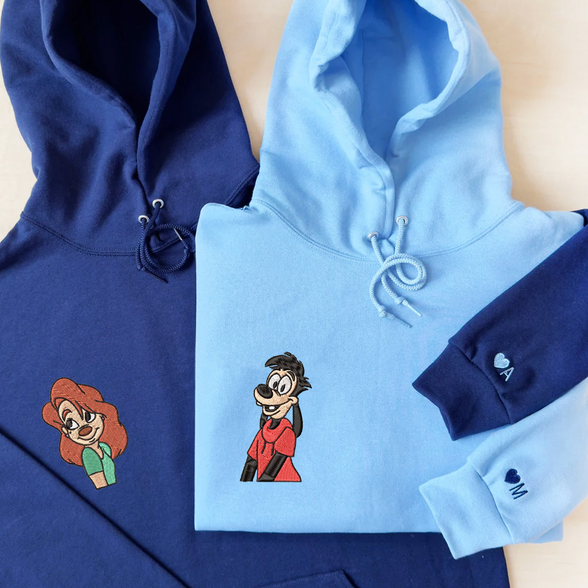 Custom Embroidered Hoodies for Couples, Romantic Cartoon-Inspired Matching Hoodies