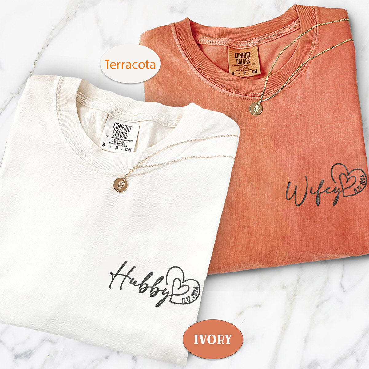 Custom Embroidered Hubby Wifey Date Anniversary Matching T-shirts for Couples