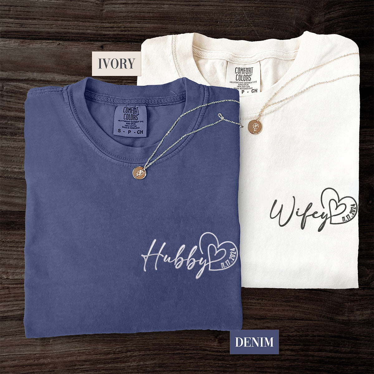 Custom Embroidered Hubby Wifey Date Anniversary Matching T-shirts for Couples