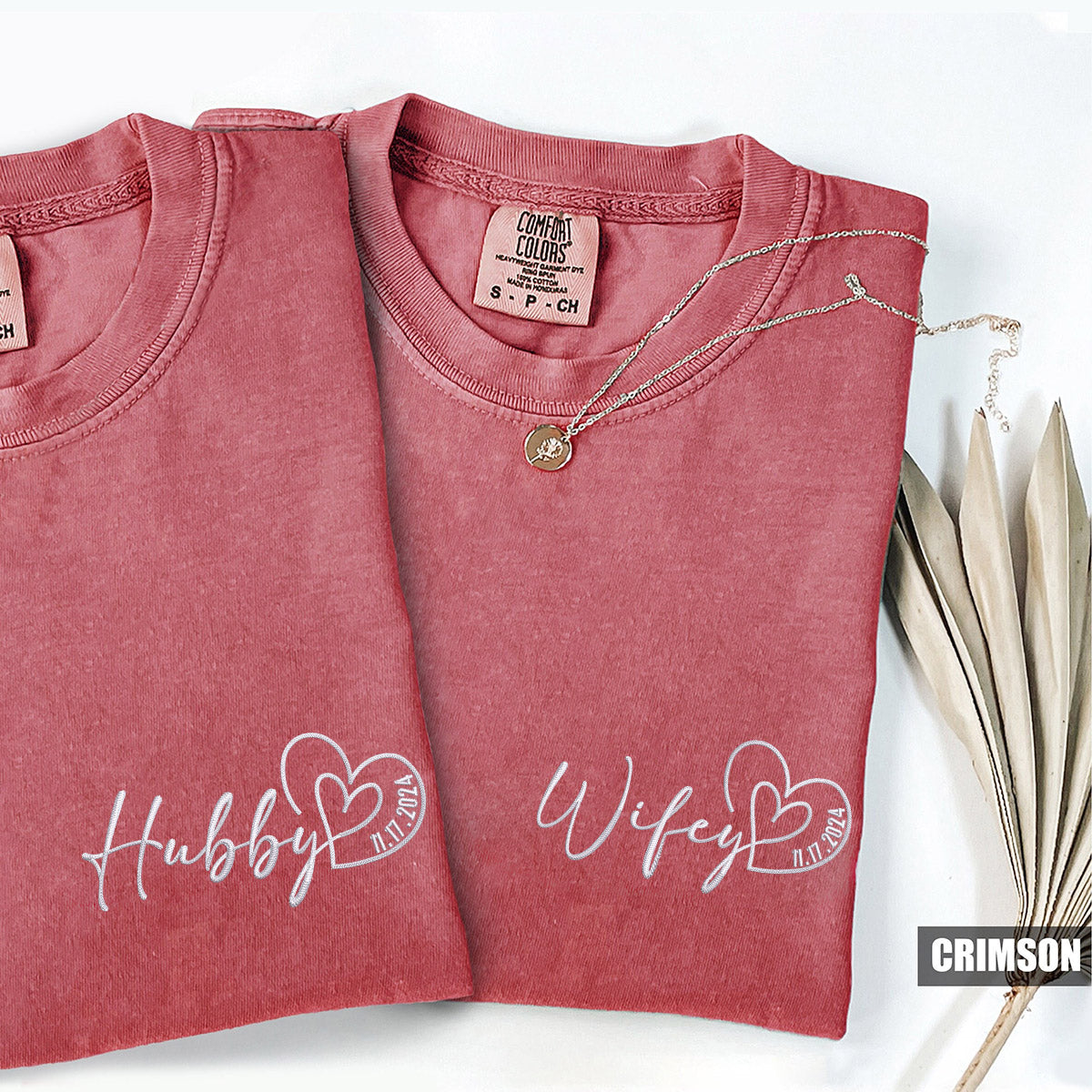 Custom Embroidered Hubby Wifey Date Anniversary Matching T-shirts for Couples