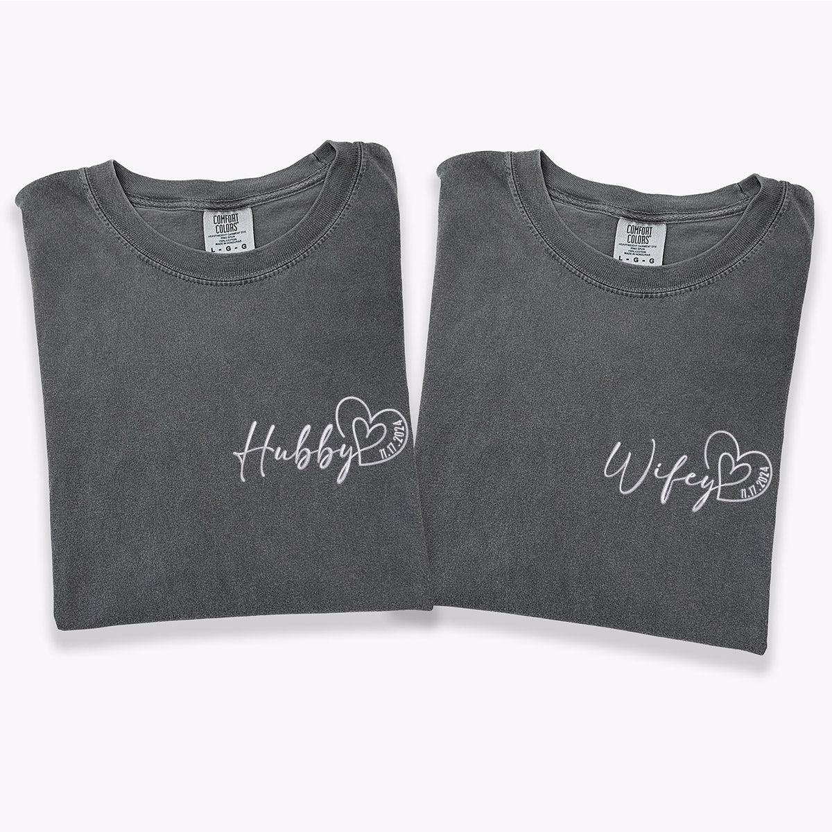 Custom Embroidered Hubby Wifey Date Anniversary Matching T-shirts for Couples