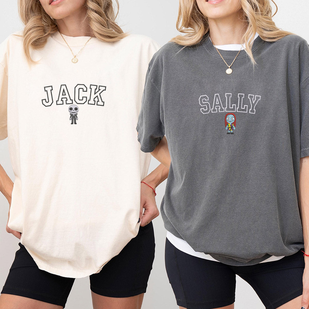 Custom Embroidered Gothic Skeleton & Doll-Inspired Minimalist Matching T-shirts for Couples