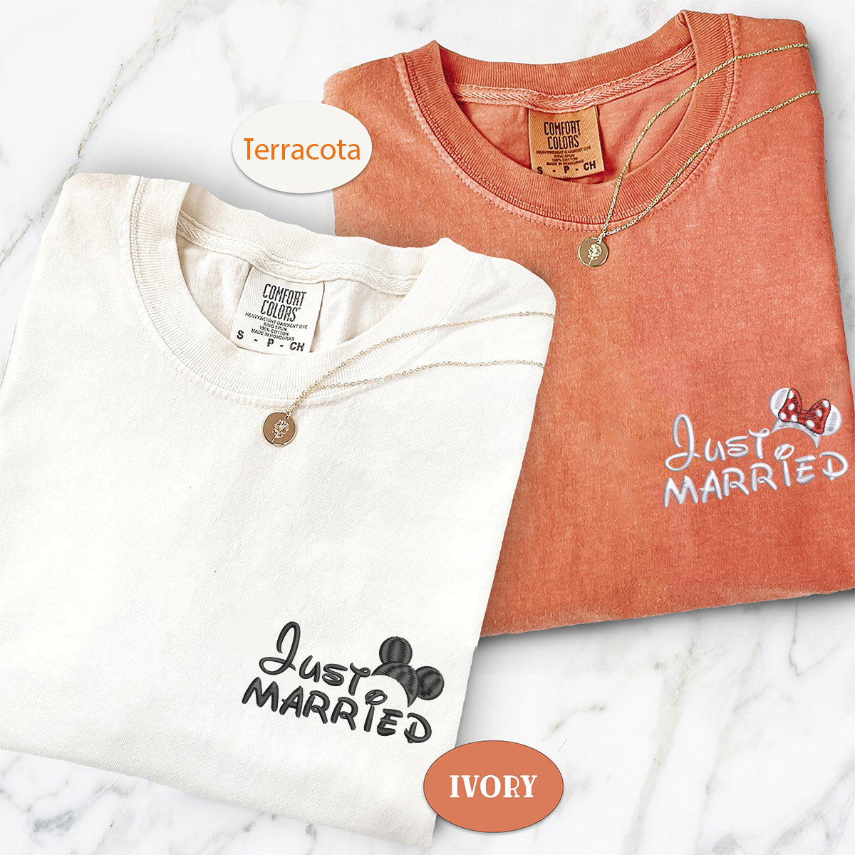 Custom Embroidered Just Married Cartoon Inspired Matching T-shirts for Couples