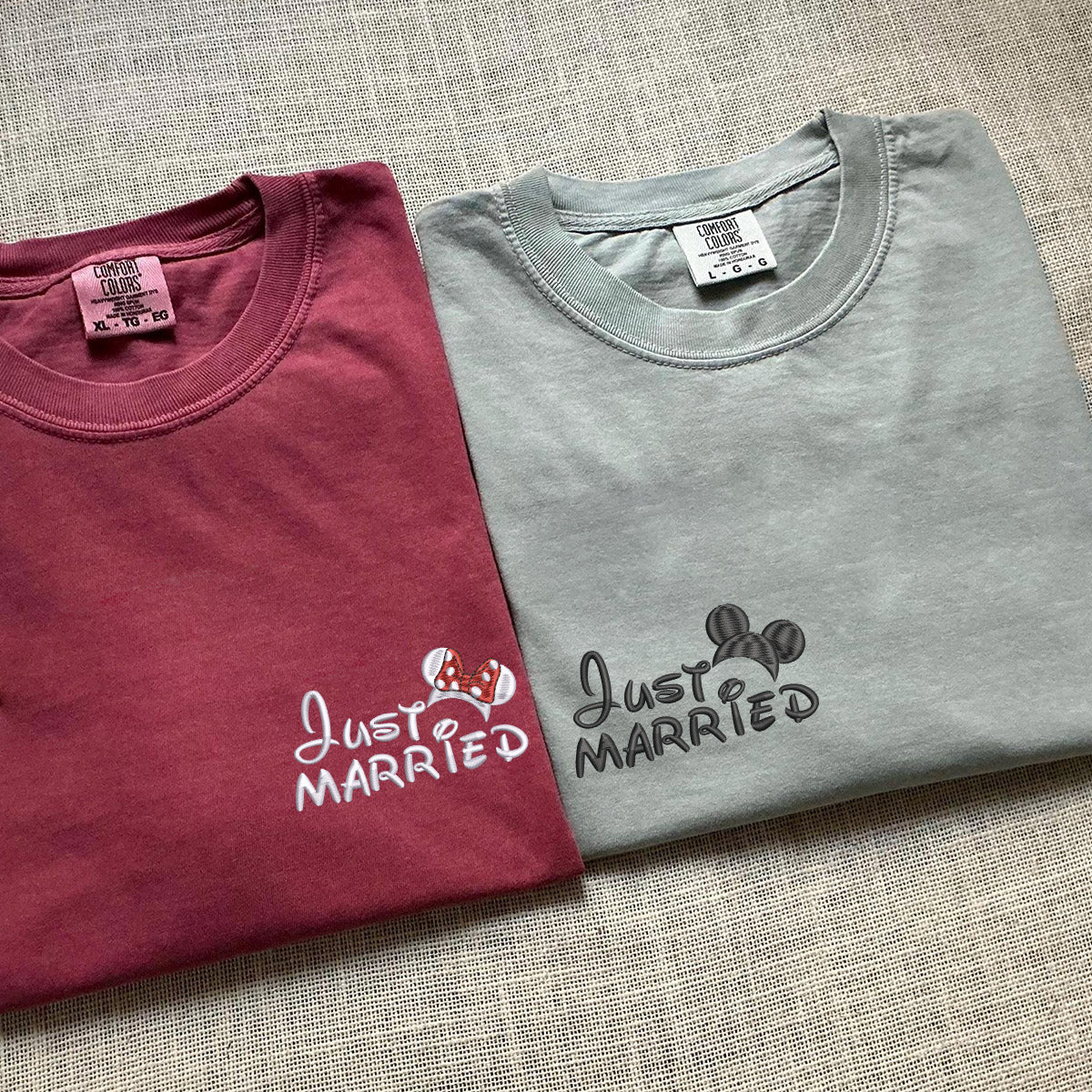 Custom Embroidered Just Married Cartoon Inspired Matching T-shirts for Couples