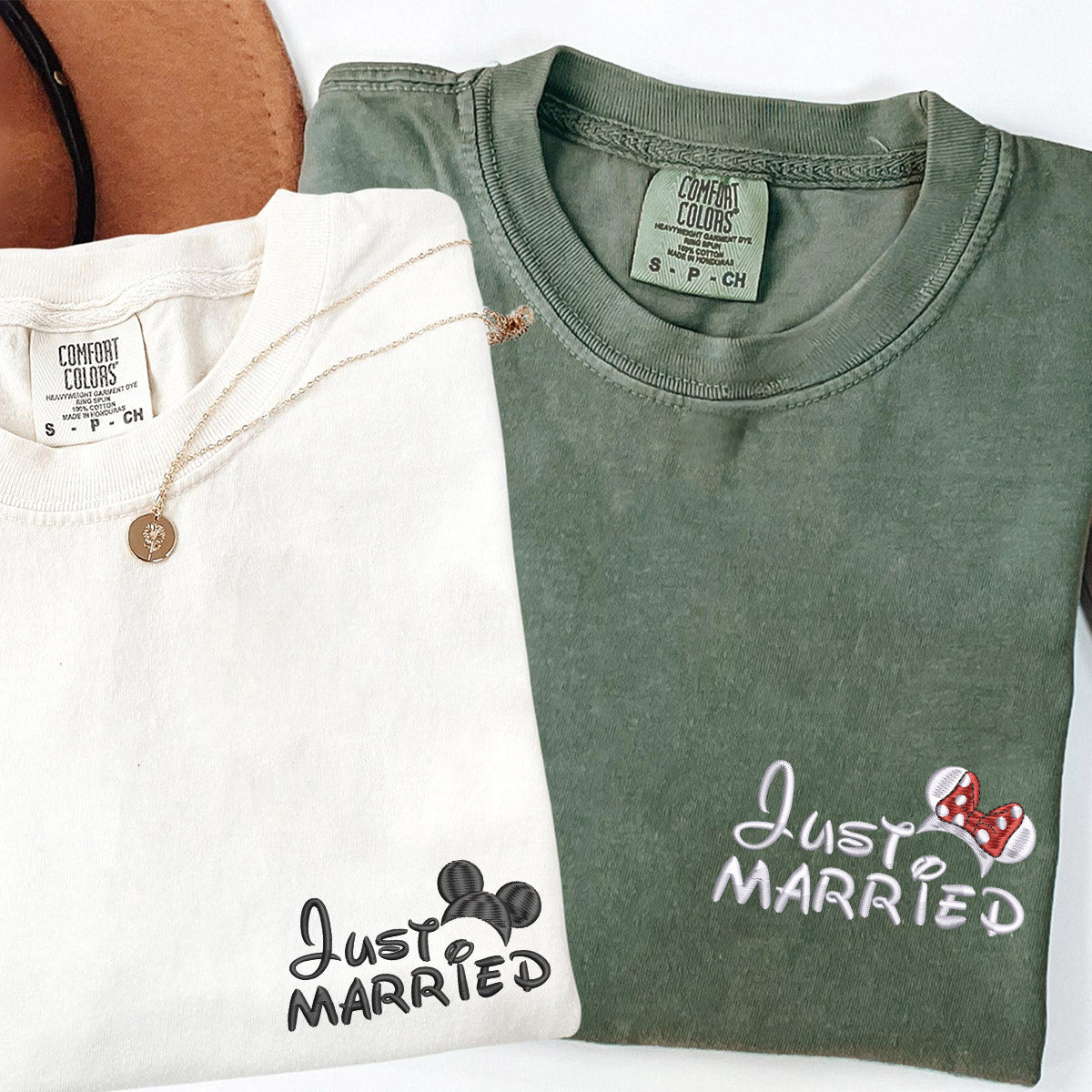 Custom Embroidered Just Married Cartoon Inspired Matching T-shirts for Couples