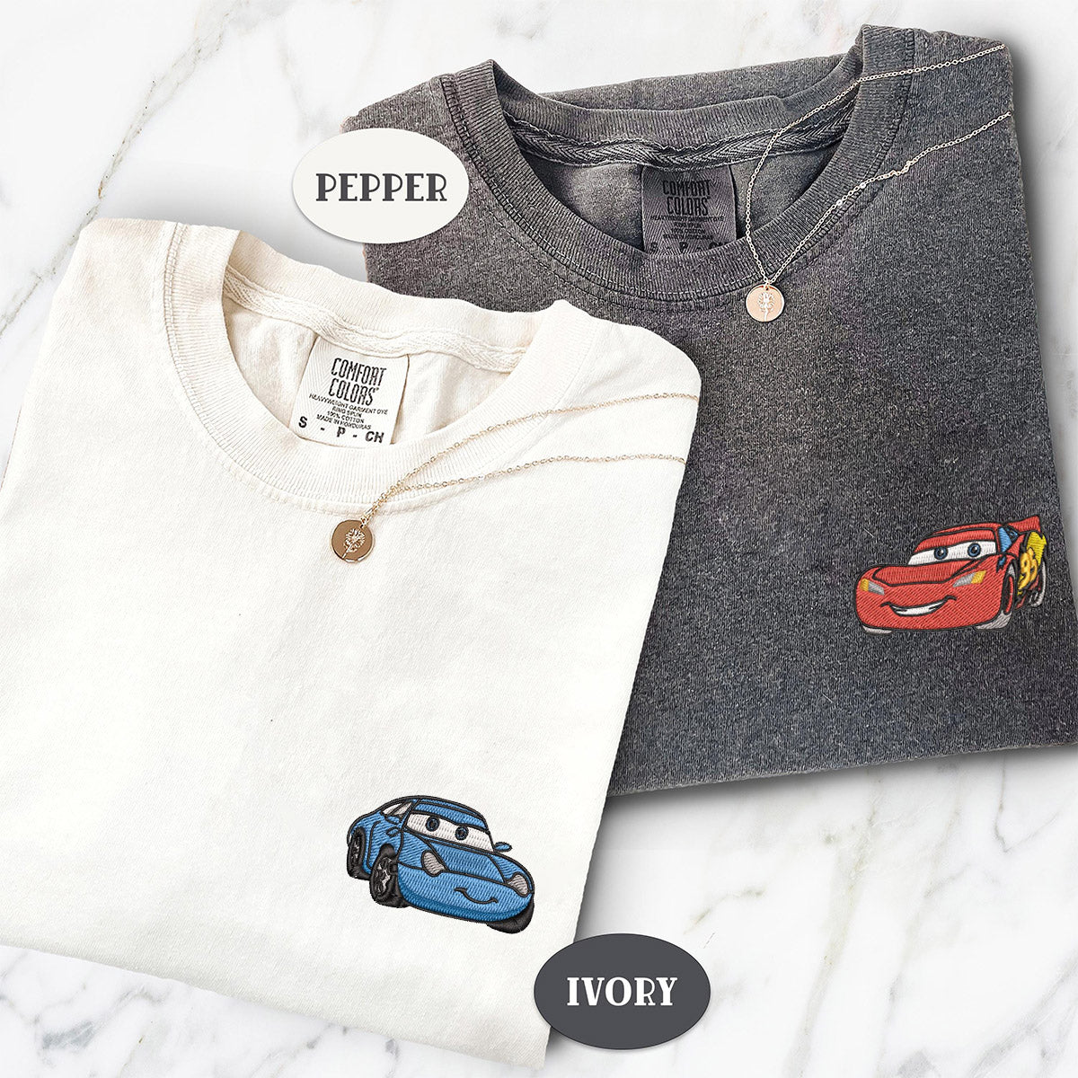 Custom Embroidered Lightning x Valepand Cartoon Cars Matching T-shirts for Couples