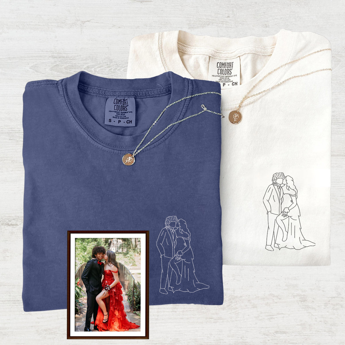 Custom Embroidered Line Art With Pictures Matching T-shirts for Couples