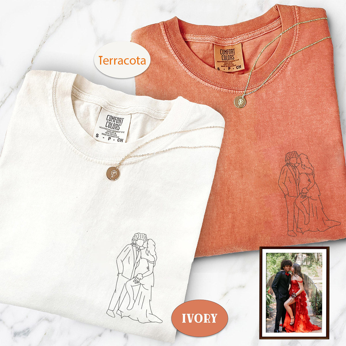 Custom Embroidered Line Art With Pictures Matching T-shirts for Couples