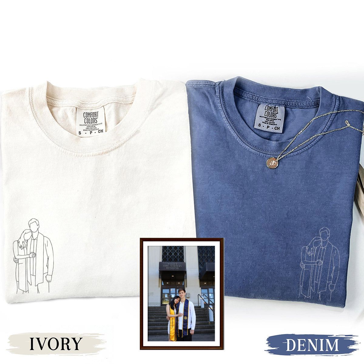 Custom Embroidered Line Art With Pictures Matching T-shirts for Couples