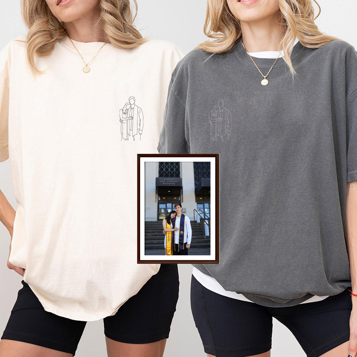 Custom Embroidered Line Art With Pictures Matching T-shirts for Couples