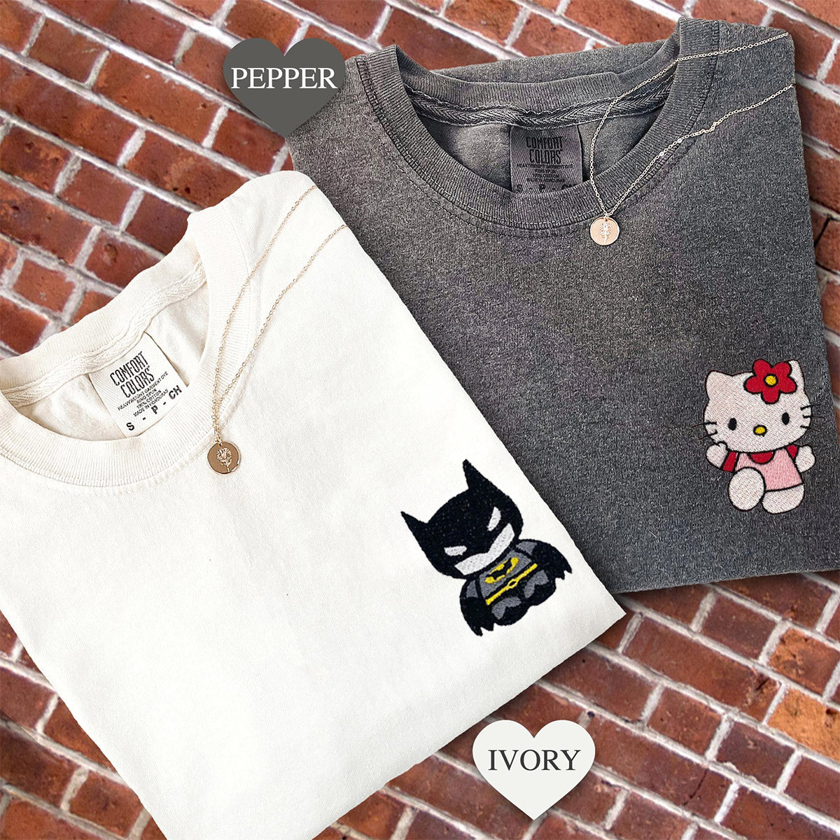 Custom Embroidered Lovely Bat and Kitten T-shirts for Couples