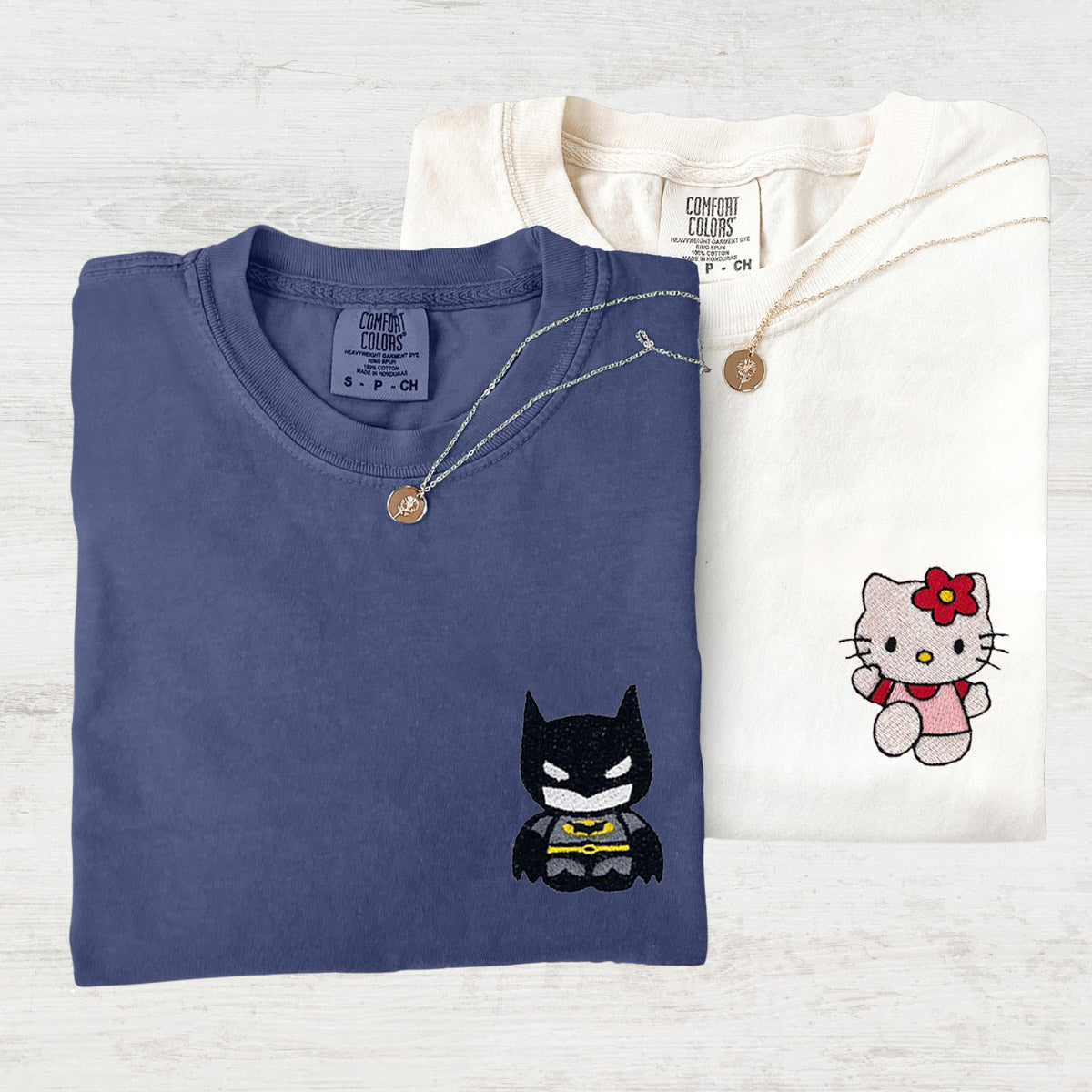 Custom Embroidered Lovely Bat and Kitten T-shirts for Couples