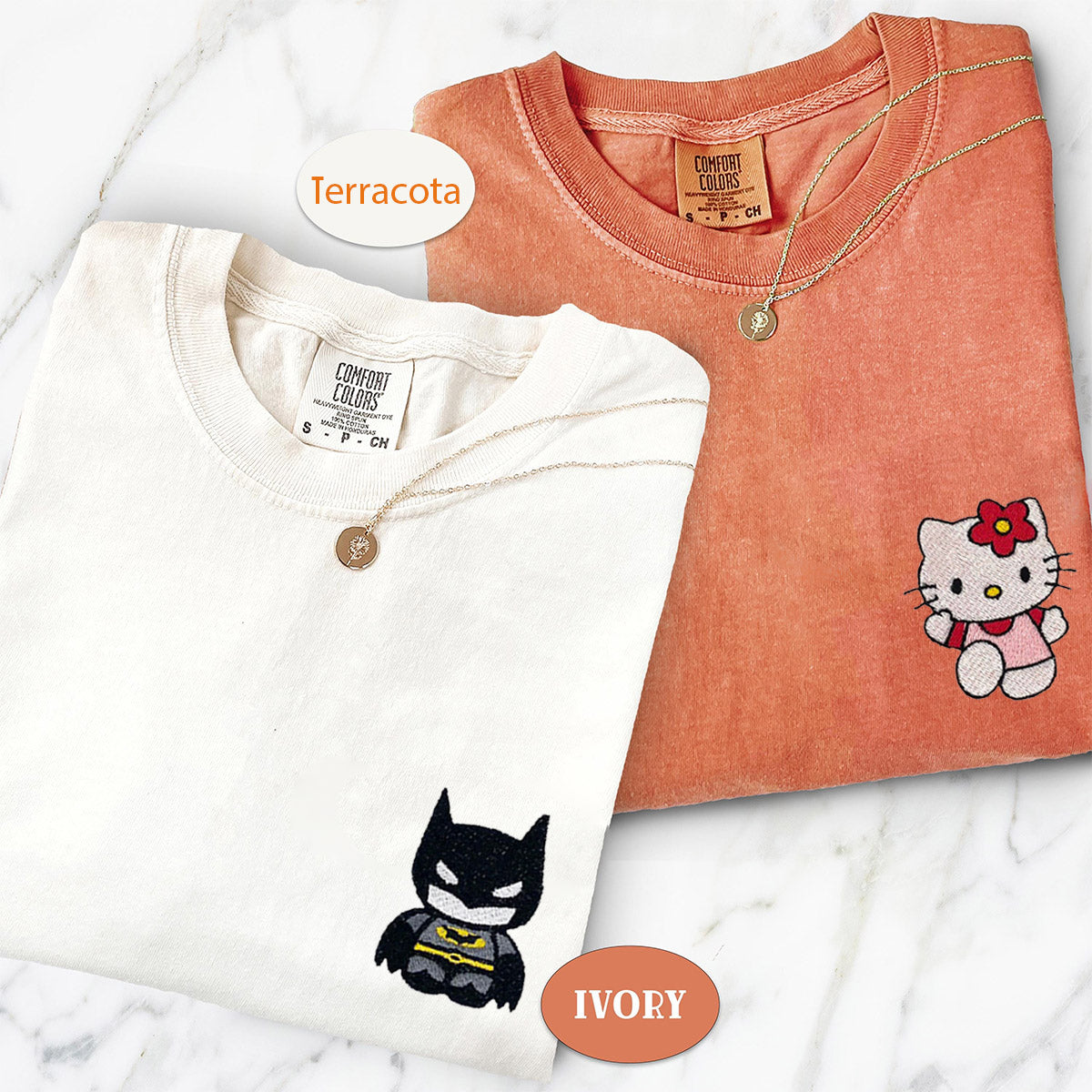 Custom Embroidered Lovely Bat and Kitten T-shirts for Couples