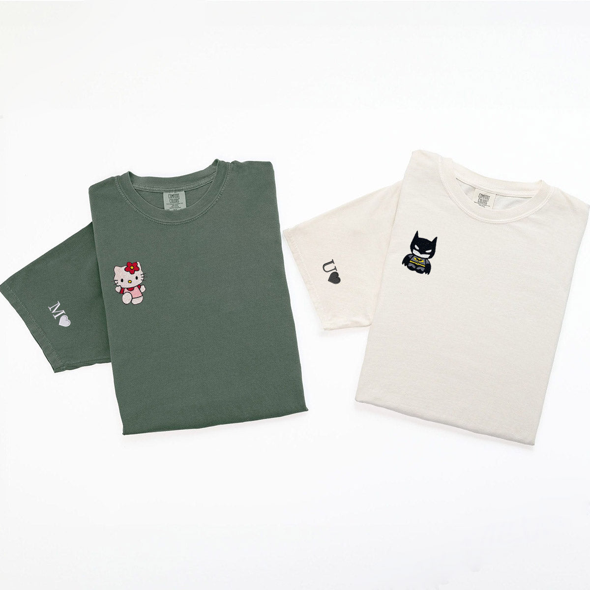 Custom Embroidered Lovely Bat and Kitten T-shirts for Couples