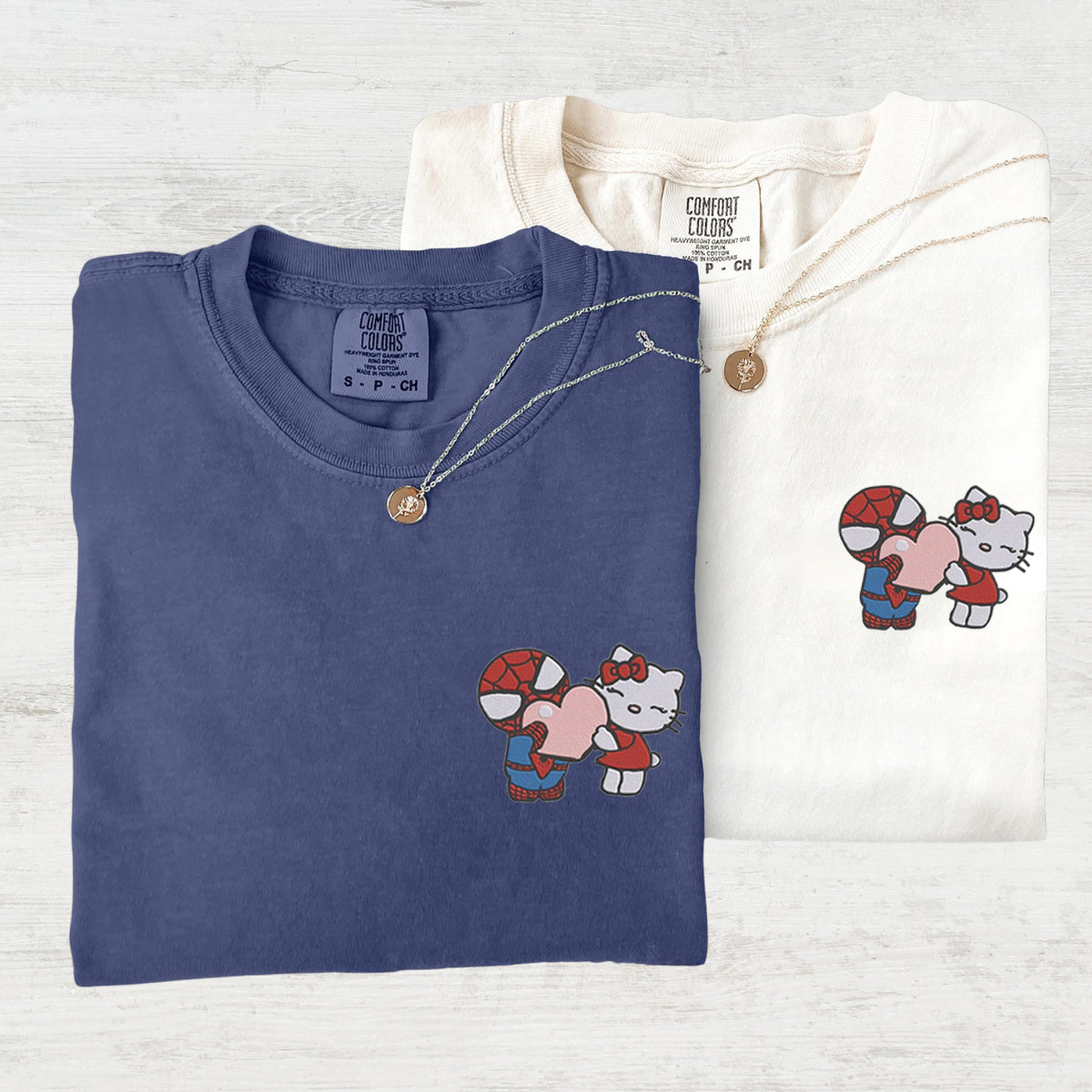 Custom Embroidered Lovely Kitten Kiss Spider Chibi Matching T-shirts for Couples