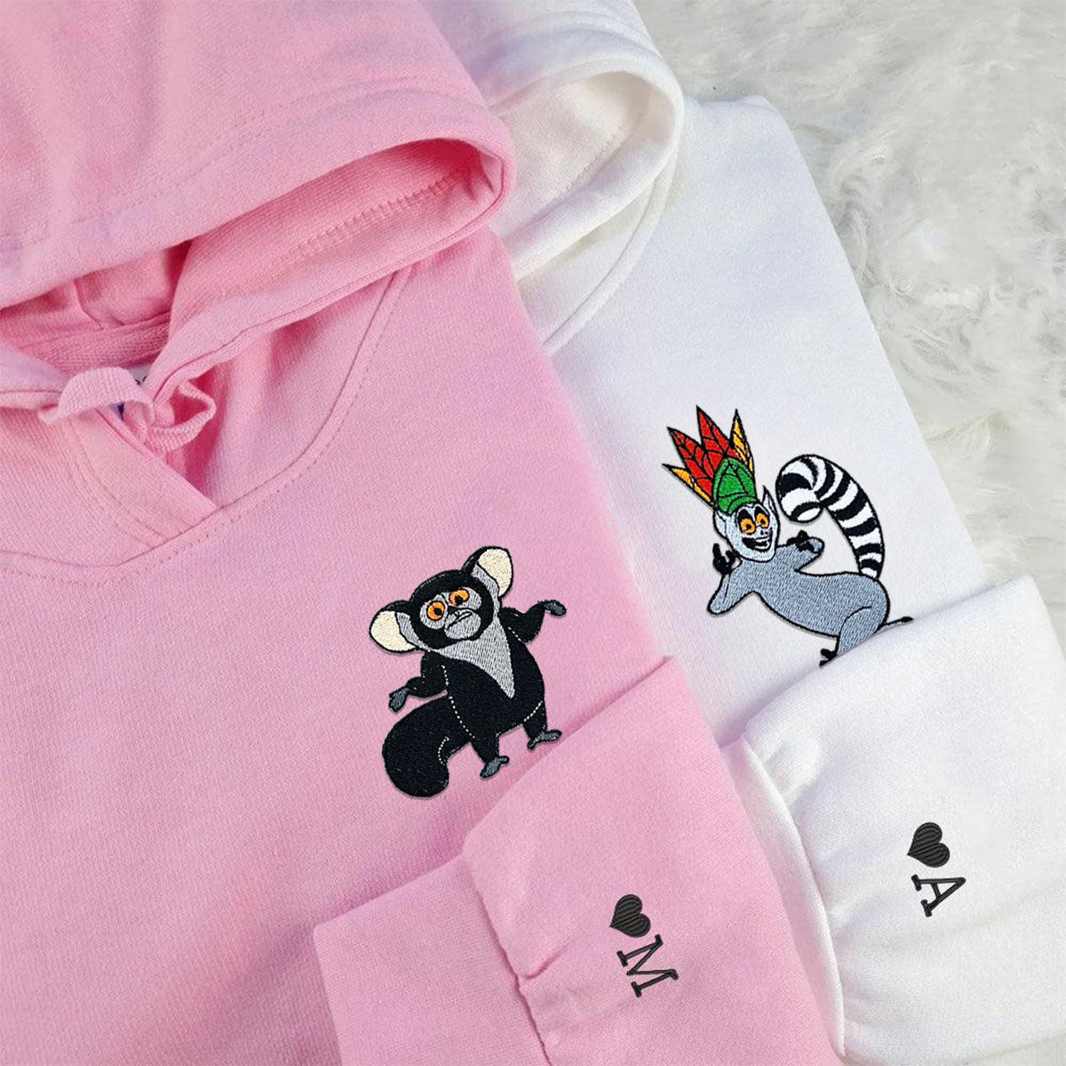 Custom Embroidered Matching Hoodies, Funny Cartoon Animal Characters for Couples
