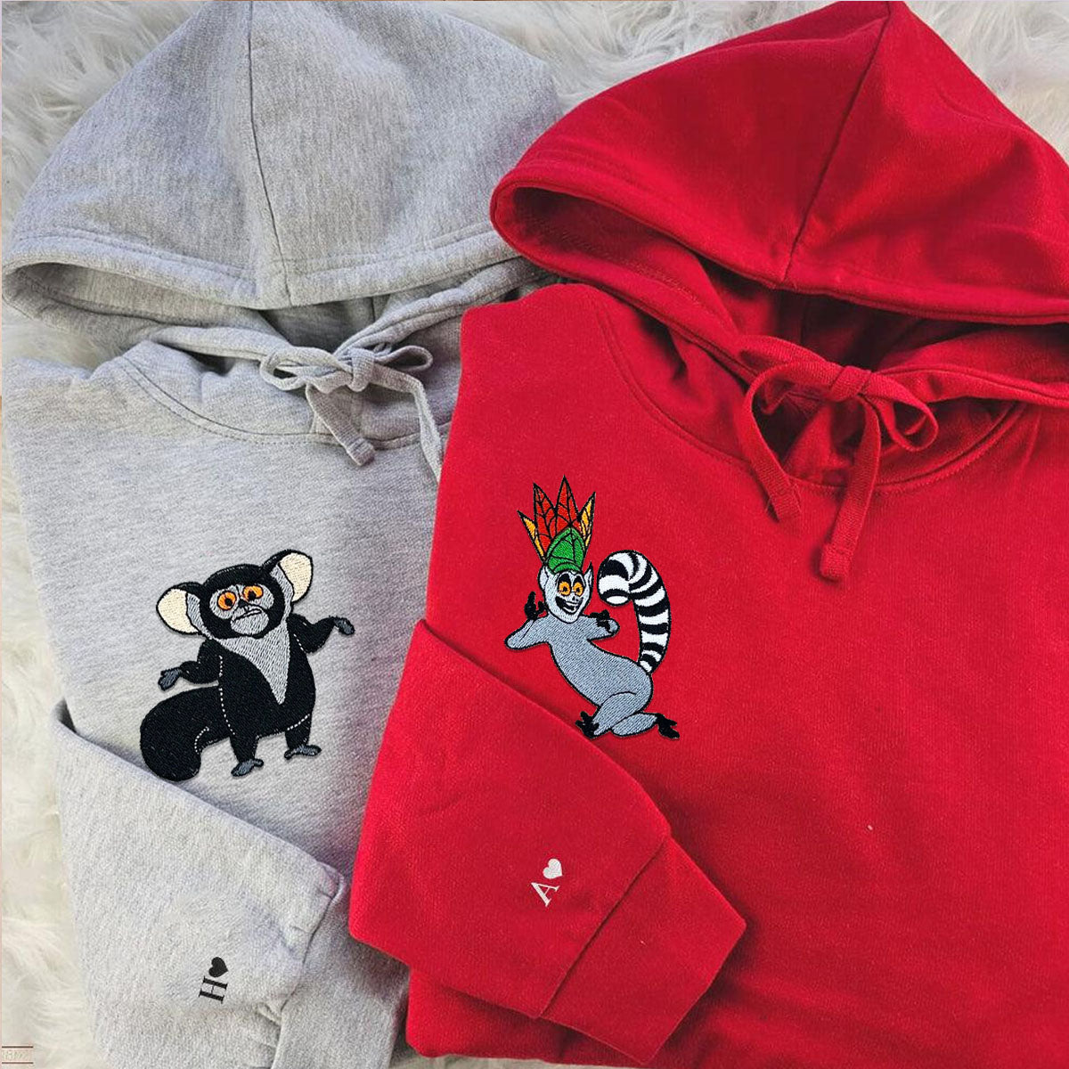 Custom Embroidered Matching Hoodies, Funny Cartoon Animal Characters for Couples