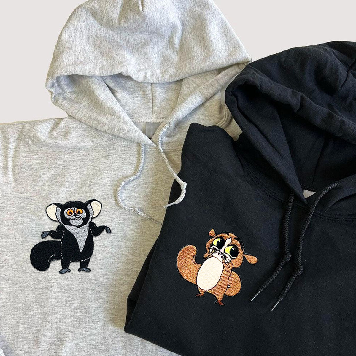 Custom Embroidered Matching Hoodies, Lovely Cartoon Animal Characters for Couples