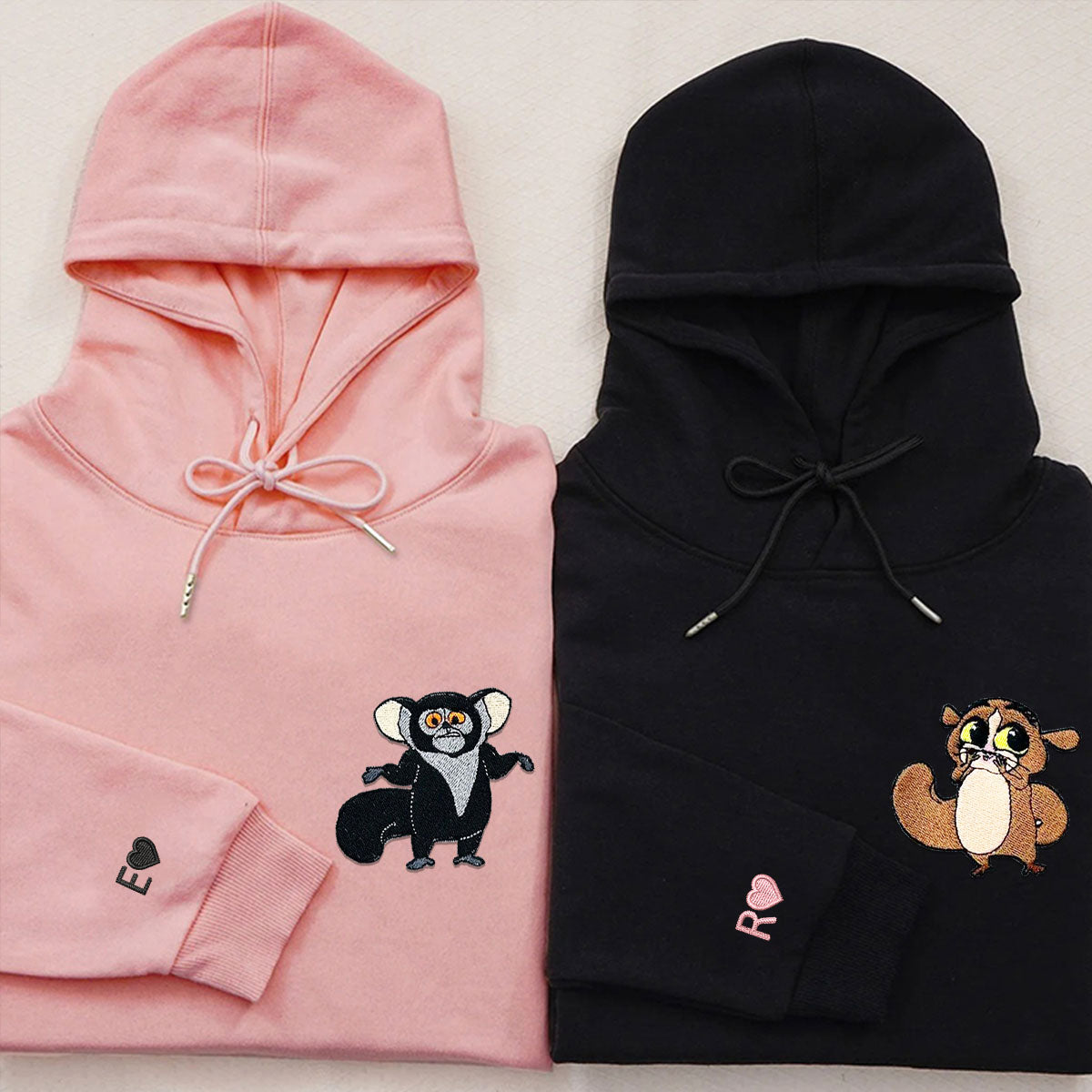 Custom Embroidered Matching Hoodies, Lovely Cartoon Animal Characters for Couples