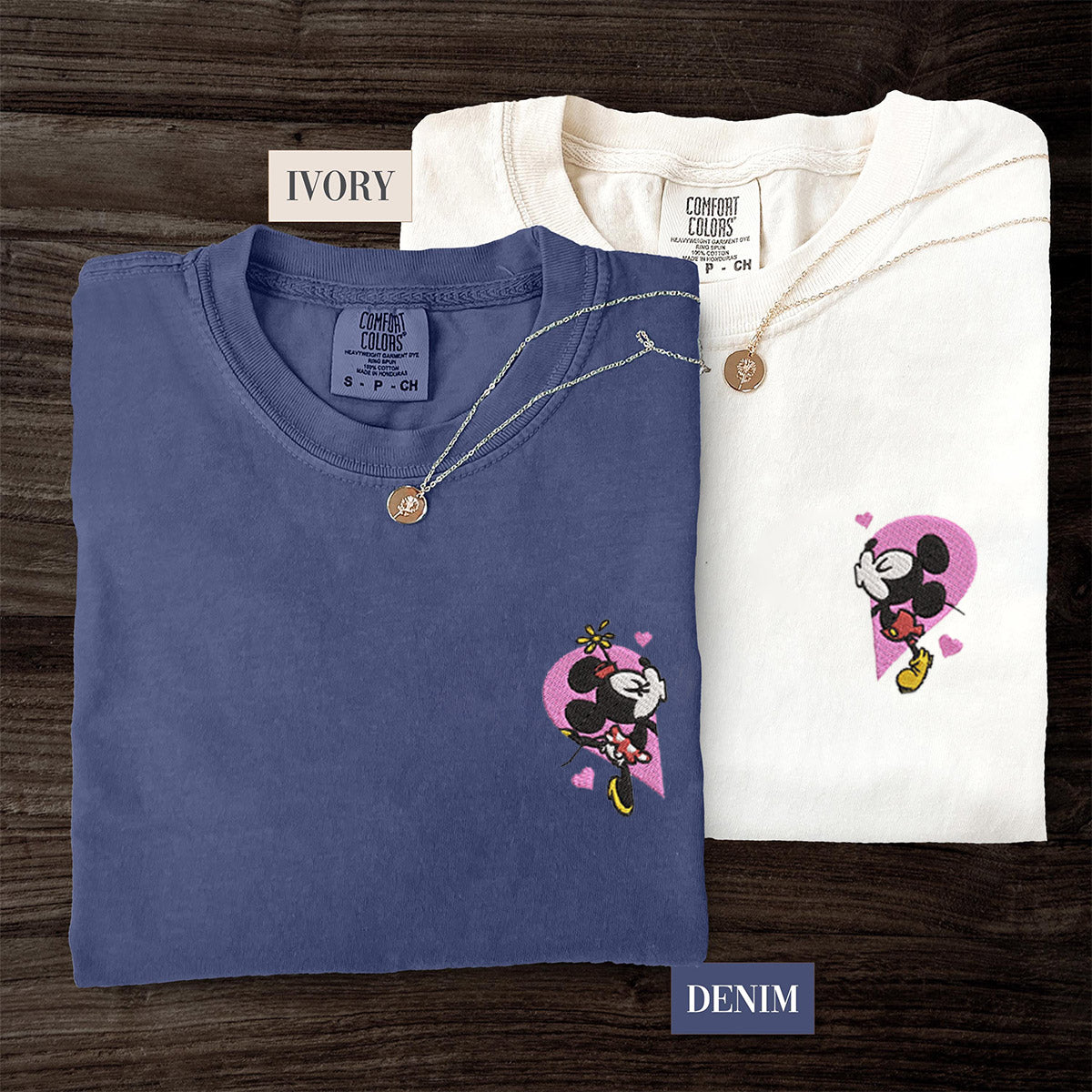 Custom Embroidered Mouse Heart Cartoon Matching T-shirts for Couples