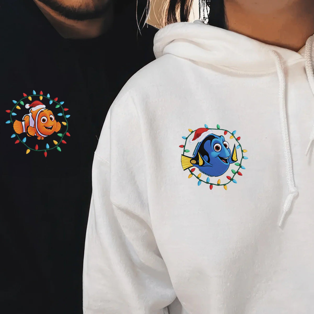 Custom Embroidered Ocean Fish Pair Christmas Hoodie, Cozy Holiday Lights Sweatshirt Matching for Couples