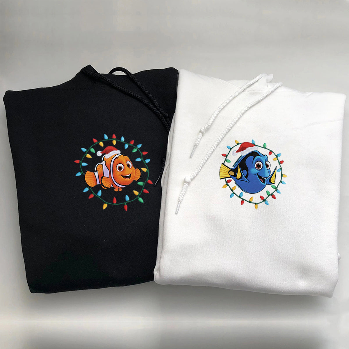 Custom Embroidered Ocean Fish Pair Christmas Hoodie, Cozy Holiday Lights Sweatshirt Matching for Couples