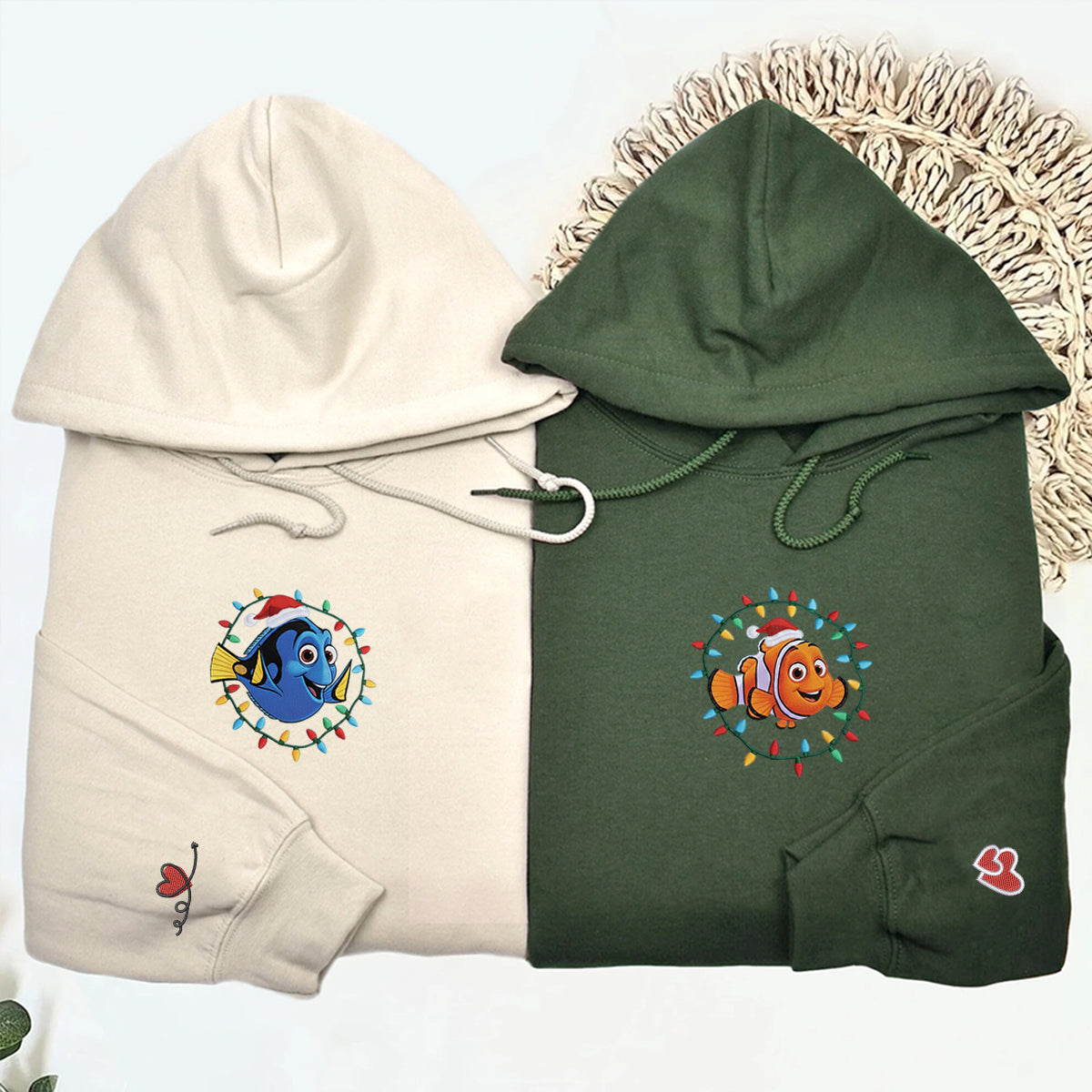 Custom Embroidered Ocean Fish Pair Christmas Hoodie, Cozy Holiday Lights Sweatshirt Matching for Couples