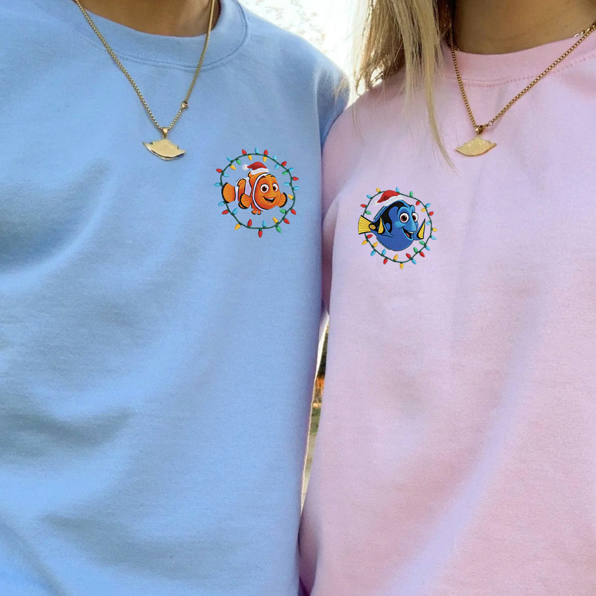 Custom Embroidered Ocean Fish Pair Christmas Hoodie, Cozy Holiday Lights Sweatshirt Matching for Couples