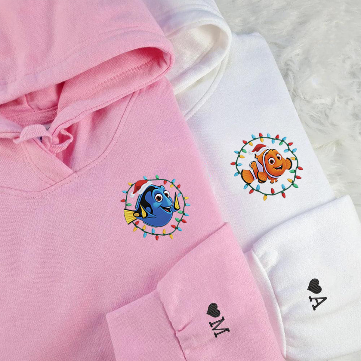 Custom Embroidered Ocean Fish Pair Christmas Hoodie, Cozy Holiday Lights Sweatshirt Matching for Couples