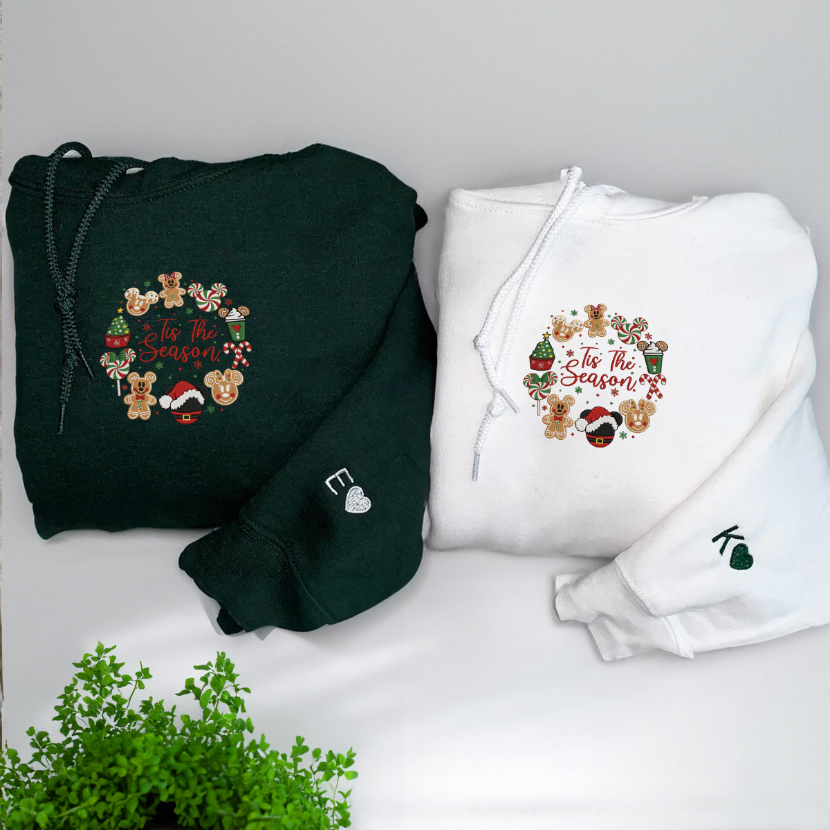 Custom Embroidered Peppermint Candy and Gingerbread Snack Christmas Hoodie, Warm Festive Season Matching for Couples