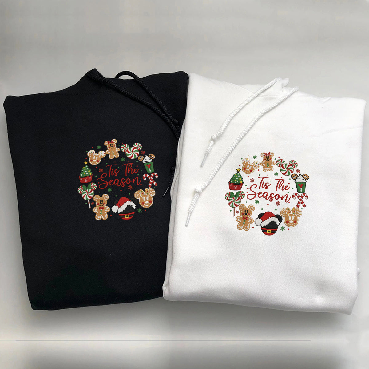Custom Embroidered Peppermint Candy and Gingerbread Snack Christmas Hoodie, Warm Festive Season Matching for Couples