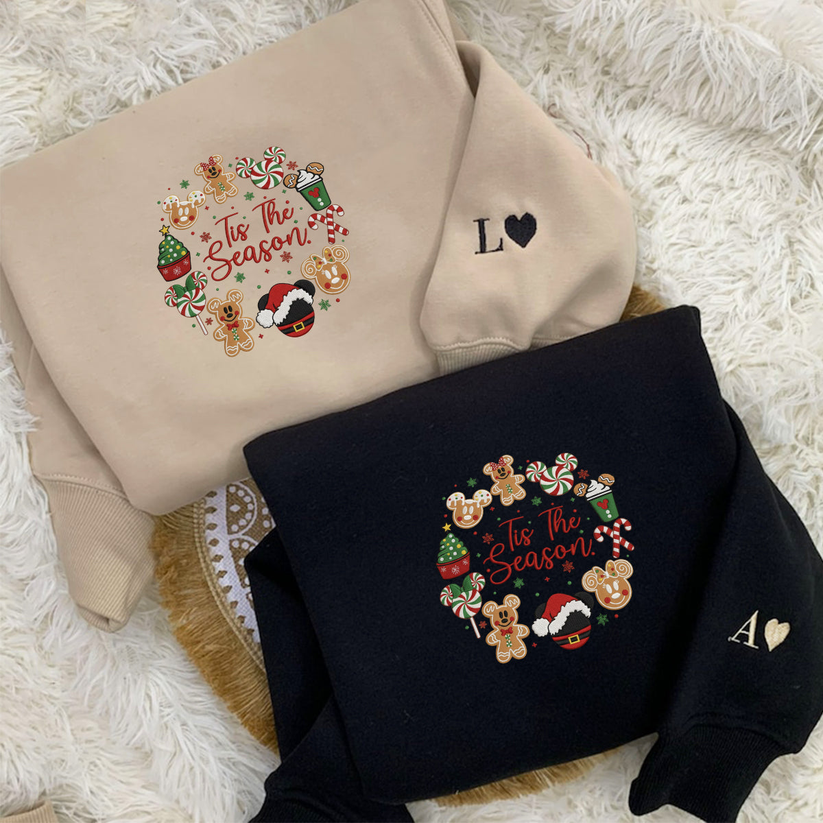 Custom Embroidered Peppermint Candy and Gingerbread Snack Christmas Hoodie, Warm Festive Season Matching for Couples