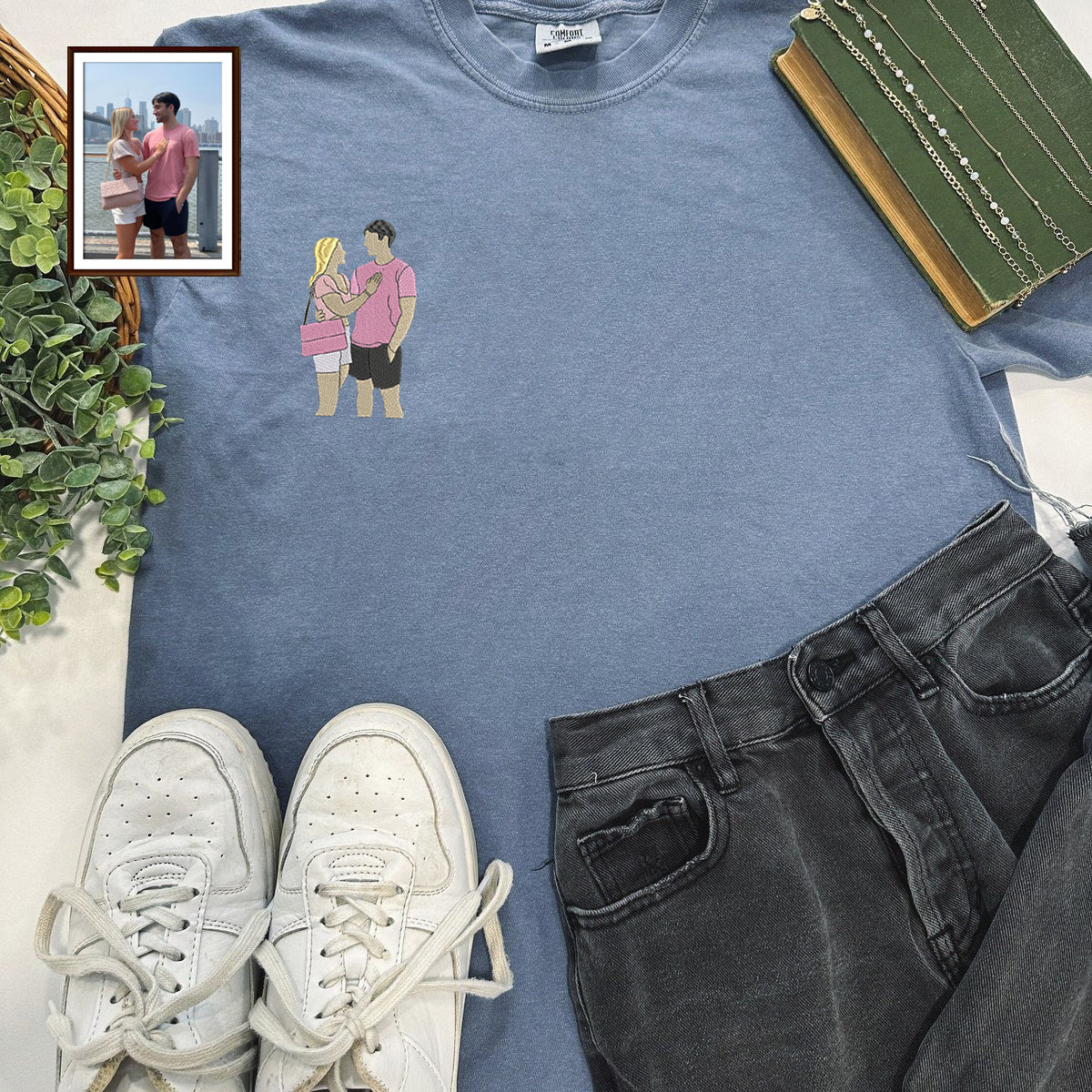Custom Embroidered Personalized with Pictures Matching T-shirts for Couples