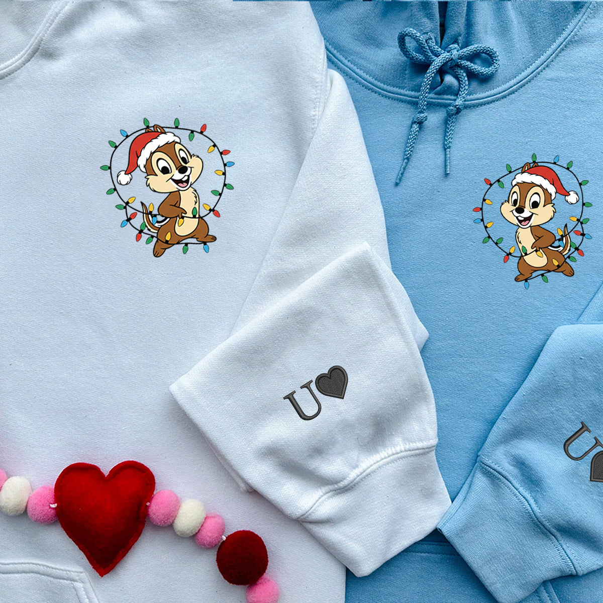 Custom Embroidered Playful Cartoon Chipmunk Friends Christmas Hoodie, Warm Sweatshirt Style Matching for Couples