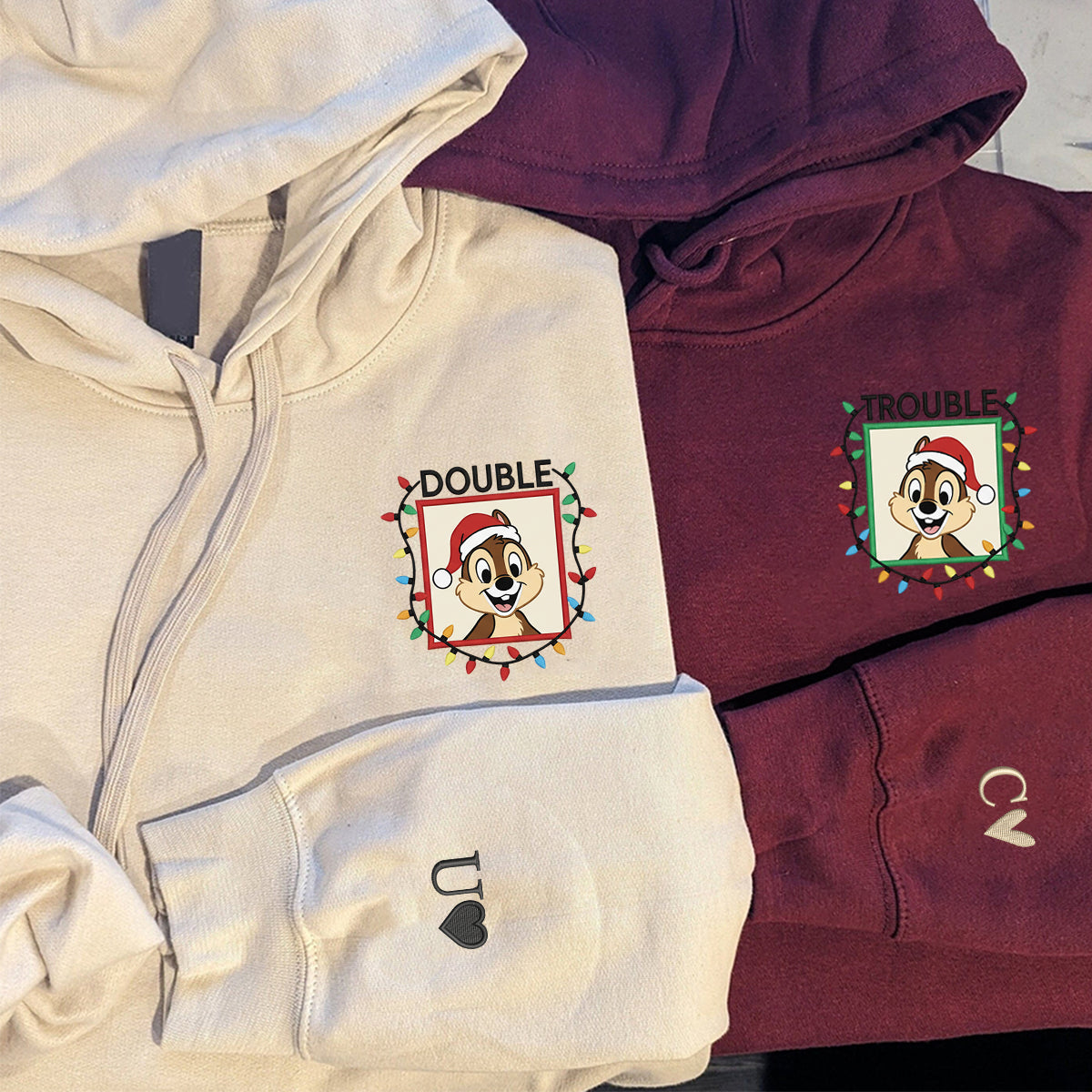 Custom Embroidered Playful Chipmunk Double Trouble Holiday Sweatshirt, Warm Christmas Style Hoodie Matching for Couples