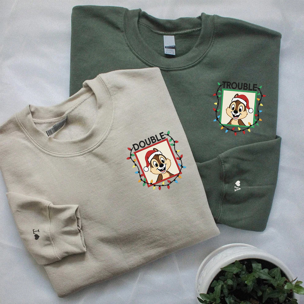Custom Embroidered Playful Chipmunk Double Trouble Holiday Sweatshirt, Warm Christmas Style Hoodie Matching for Couples