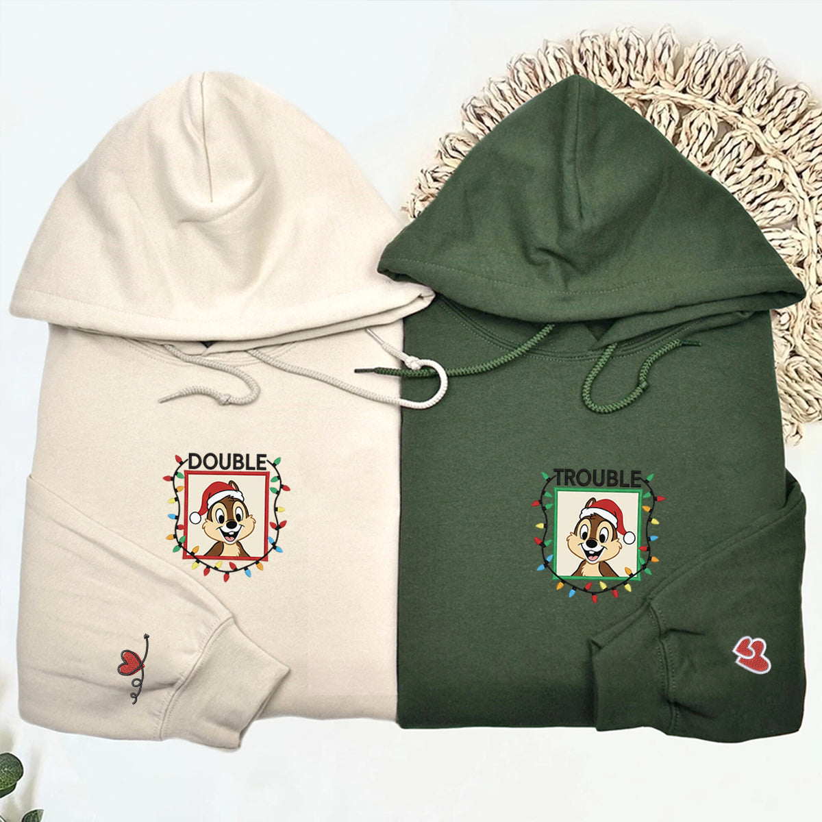 Custom Embroidered Playful Chipmunk Double Trouble Holiday Sweatshirt, Warm Christmas Style Hoodie Matching for Couples