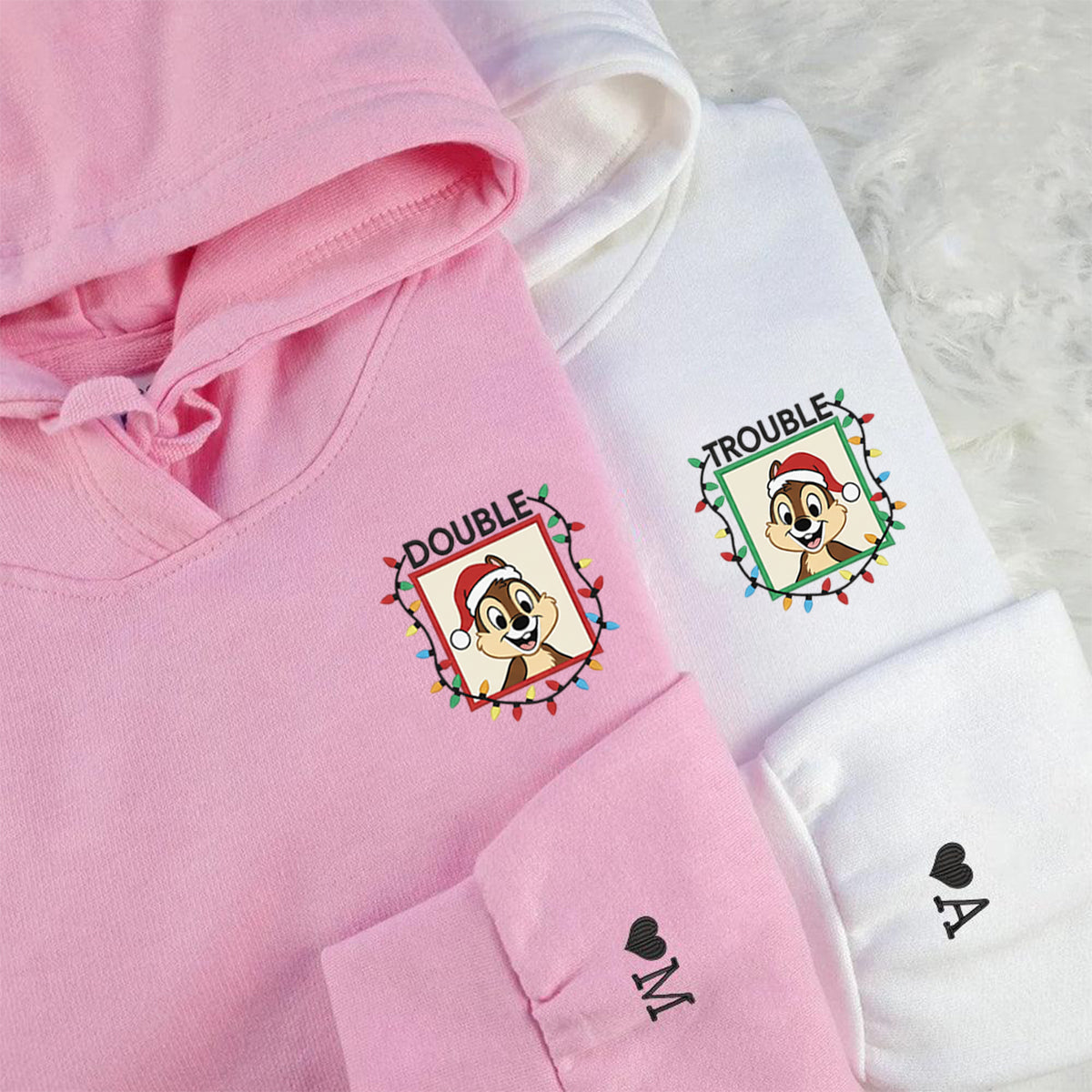 Custom Embroidered Playful Chipmunk Double Trouble Holiday Sweatshirt, Warm Christmas Style Hoodie Matching for Couples