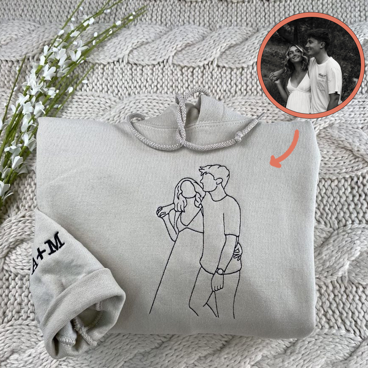 Custom Embroidered Portrait from Photo Sweatshirt Anniversary Couples Embroidered Sweatshirt