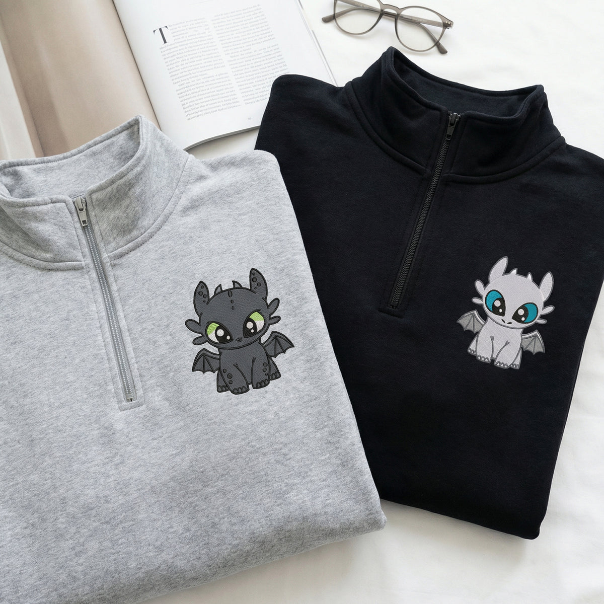 Custom Embroidered Quarter Zip Sweatshirt for Couples - Black Dragon x White Dragon Matching Full-Zip Hoodie