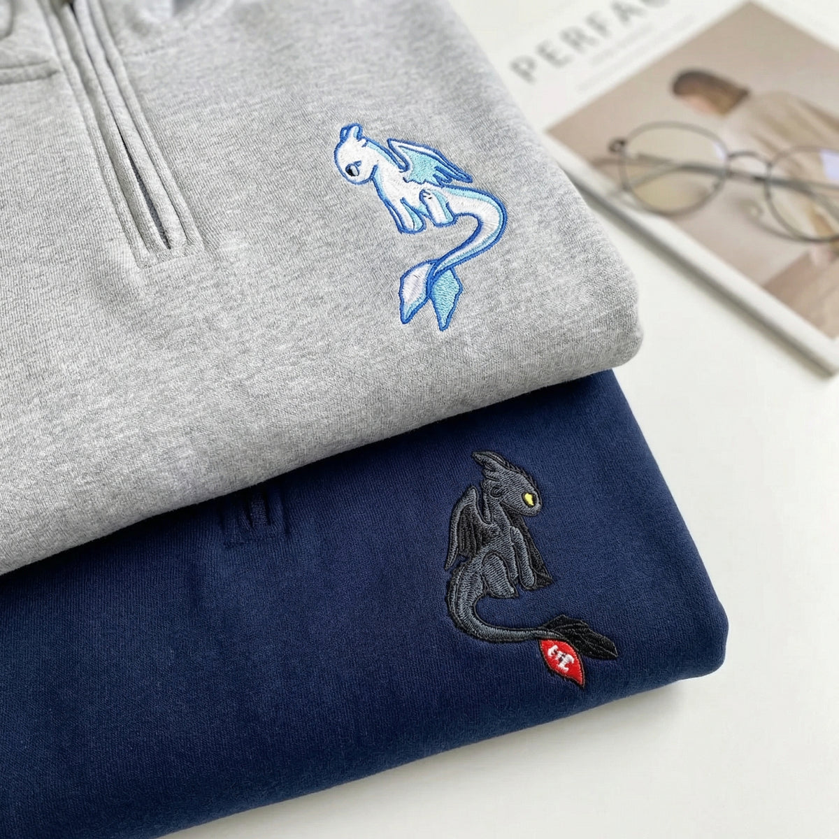 Custom Embroidered Quarter Zip Sweatshirt for Couples - Black Dragon x White Dragon Matching Full-Zip Hoodie